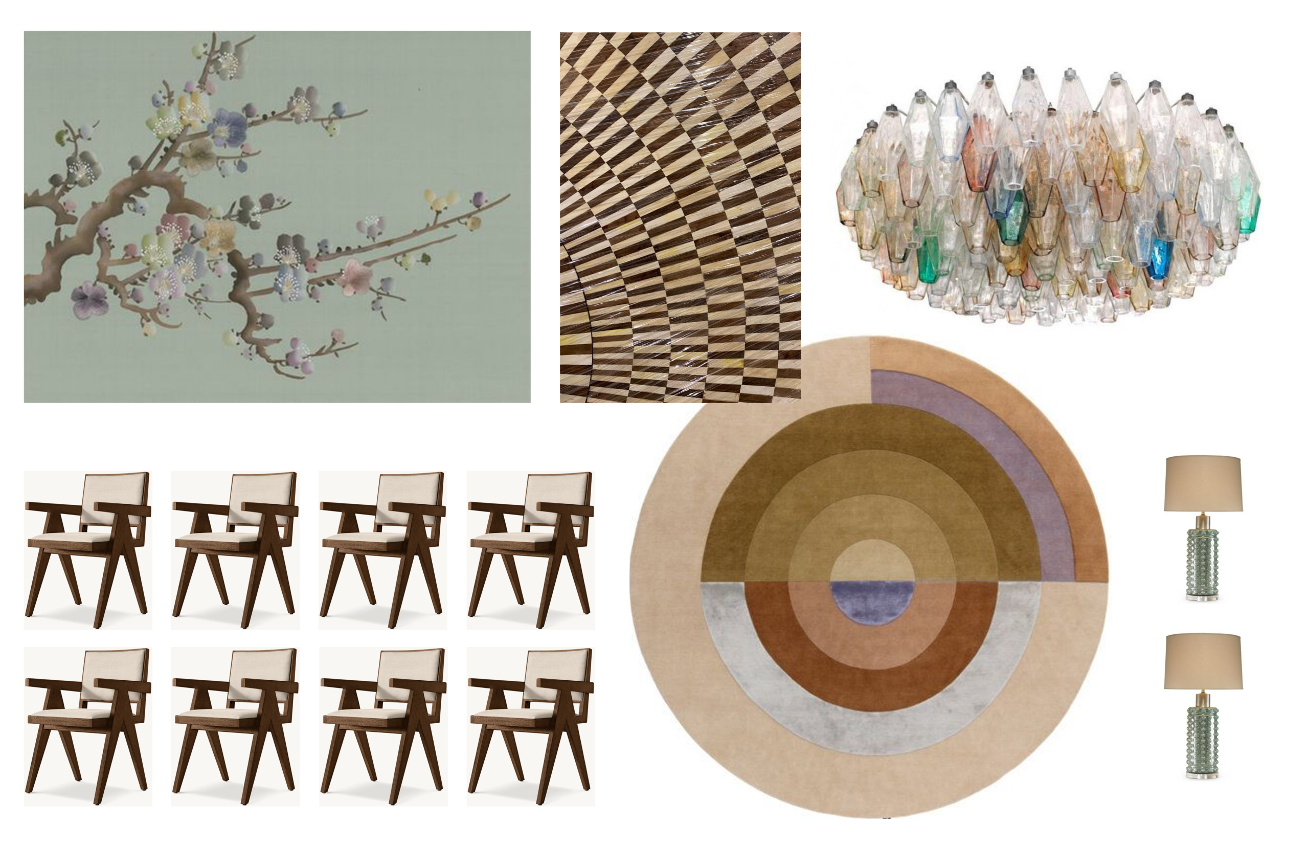 Home decor collage: chairs, rug, artwork, lighting
