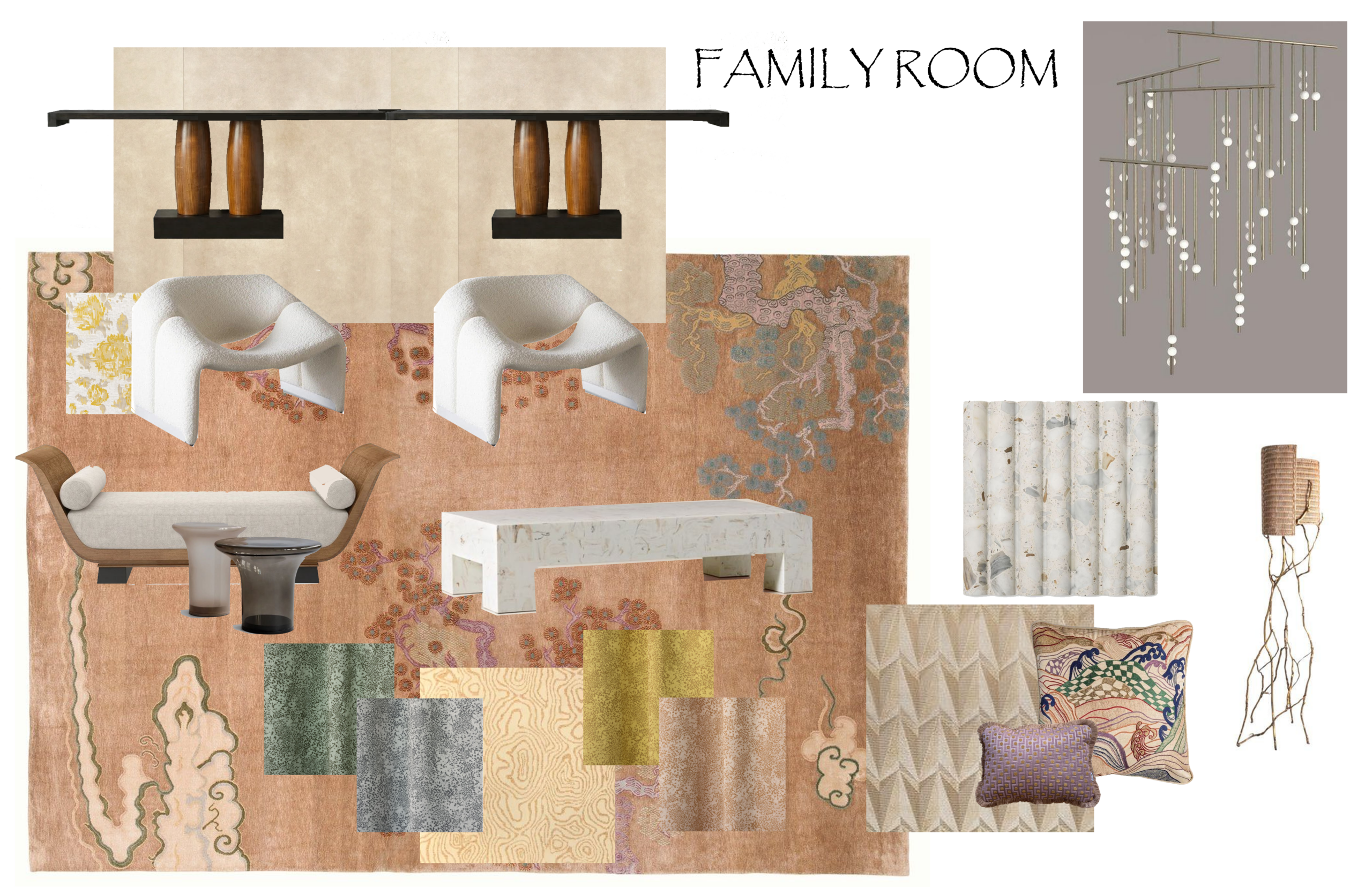 Family room mood board with rug and furnishings