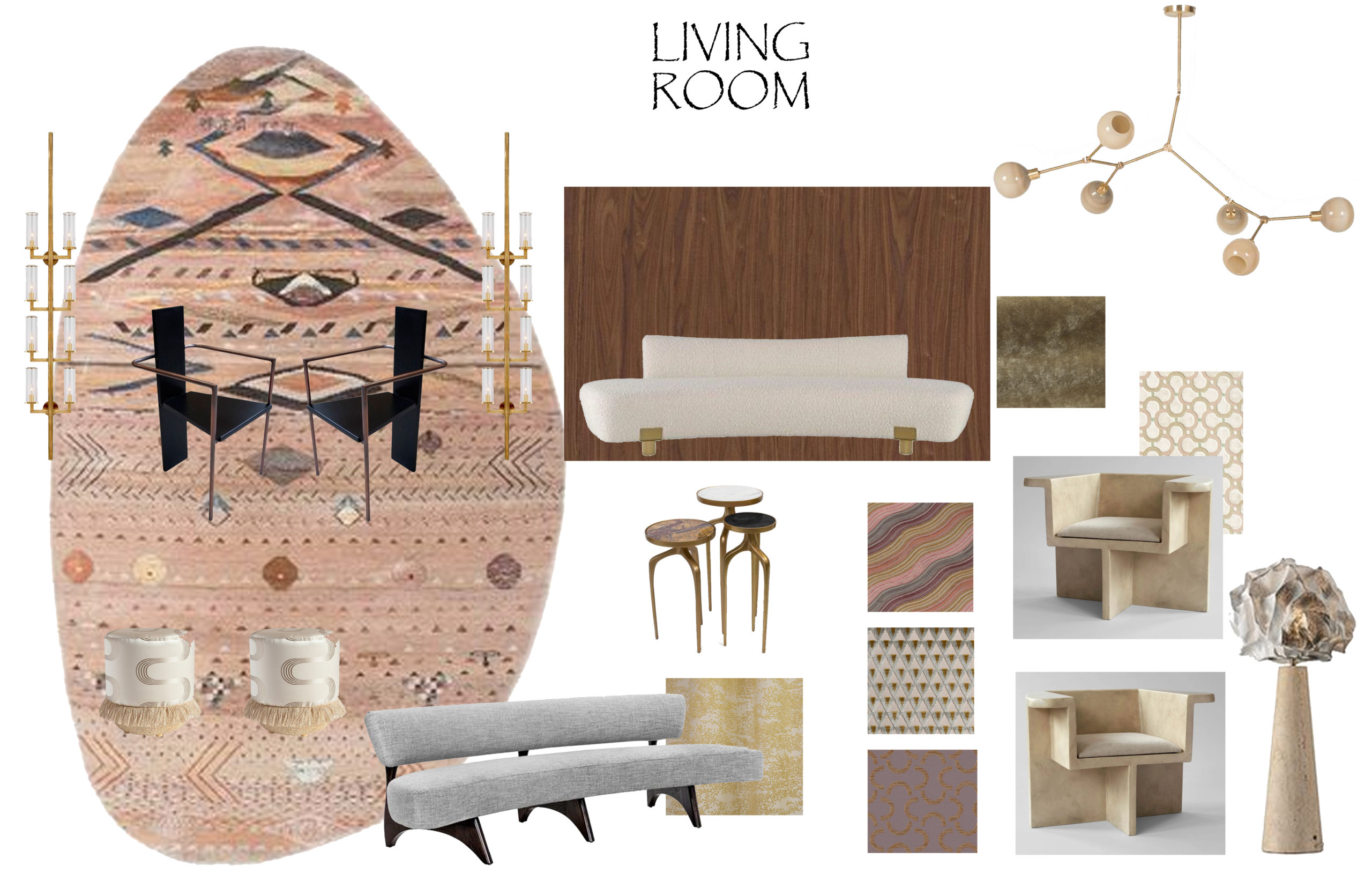 Living room design mood board with neutral furniture