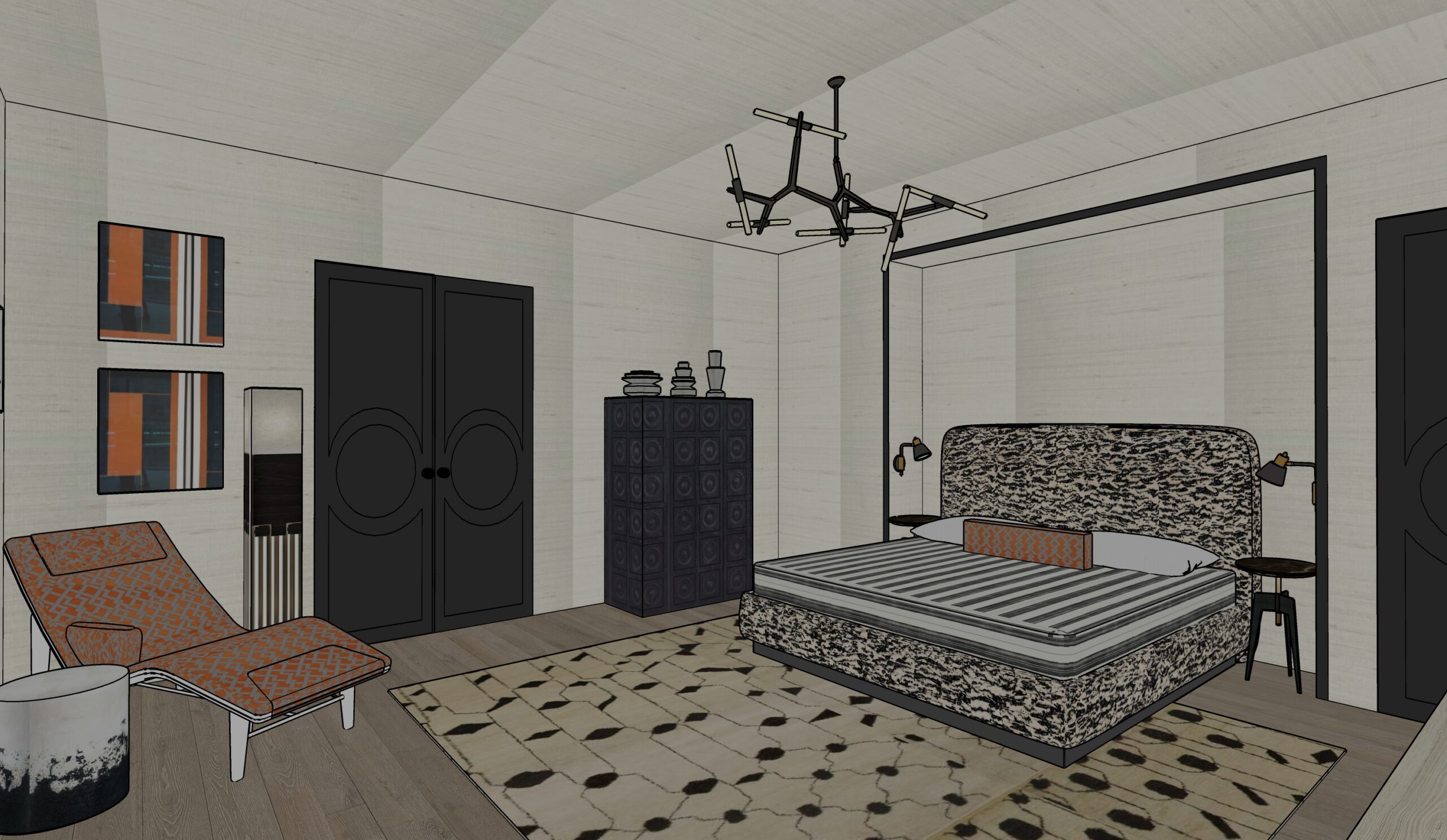 Modern patterned bedroom with chaise lounge