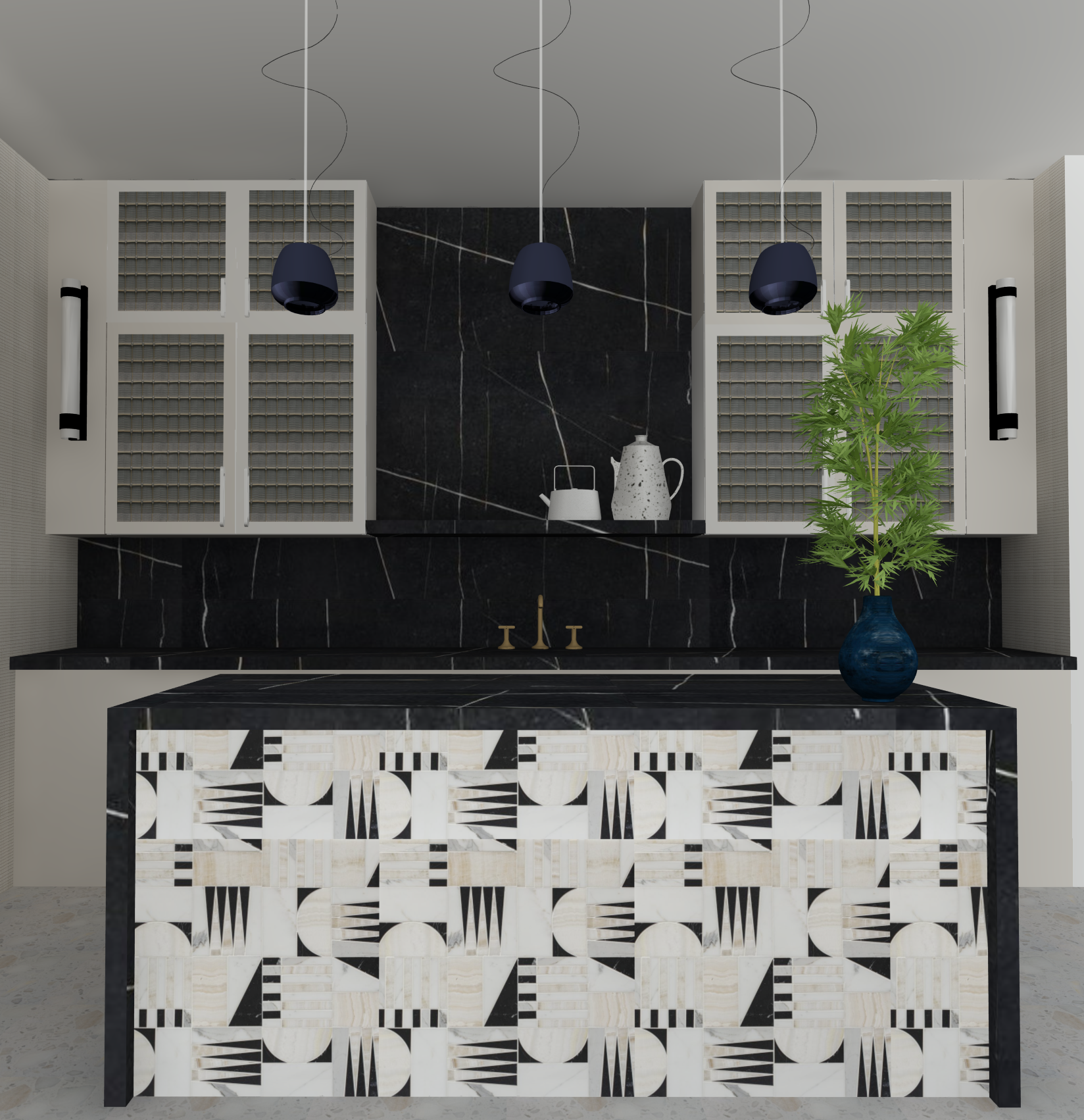 Modern kitchen with patterned black marble island